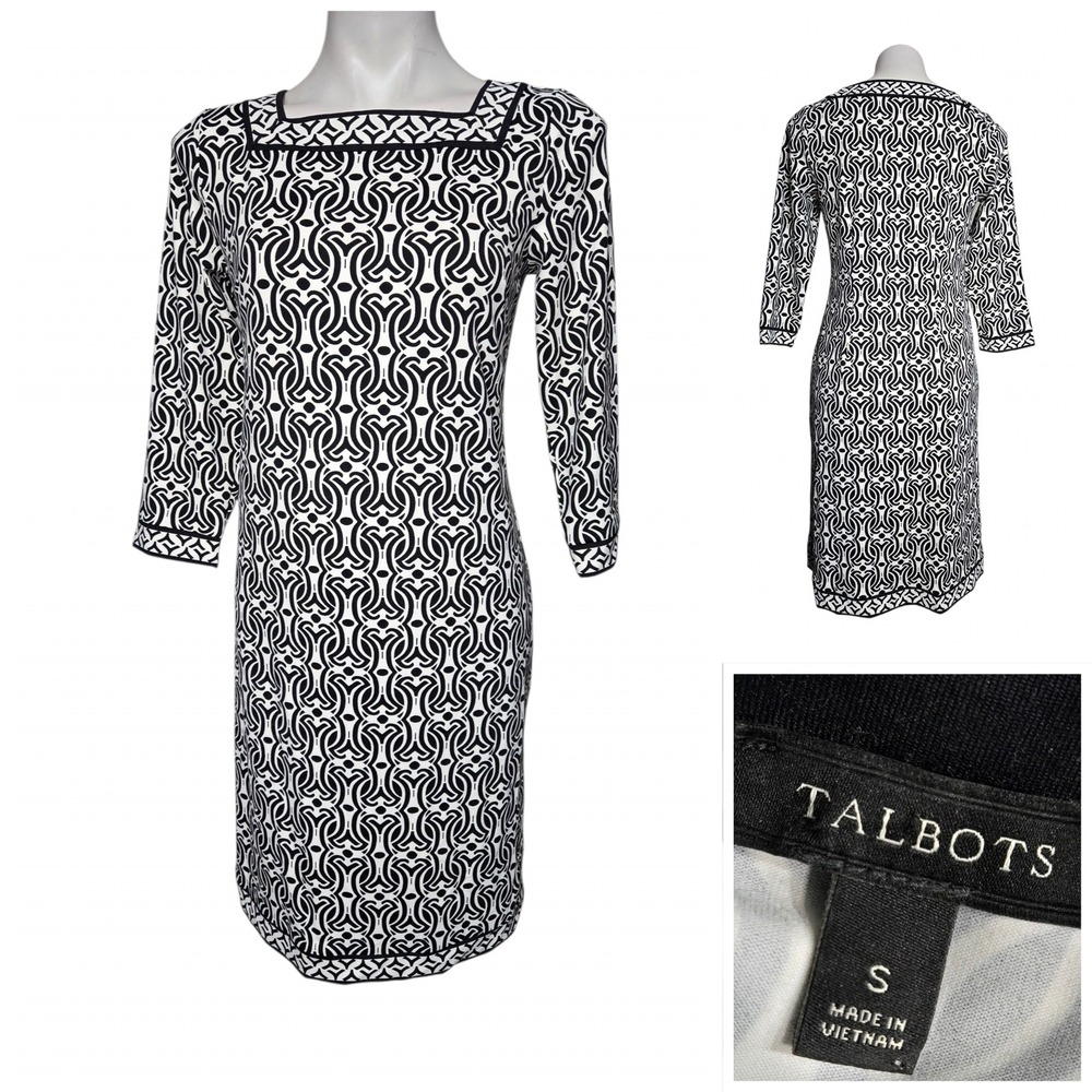 Talbots dress S Black/White Geometric Square Neck Sheath career fall church